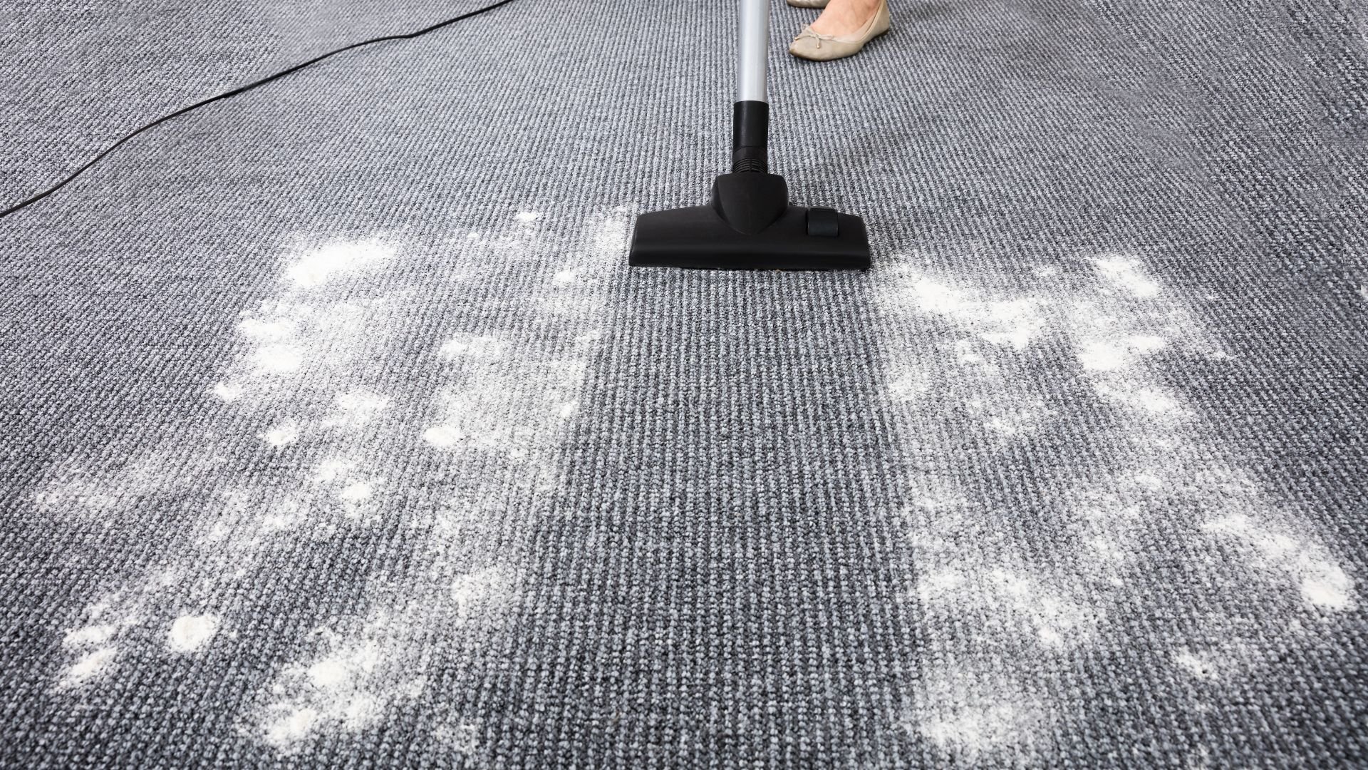 Vacuum cleaner removing dust and dirt from gray carpeted floor